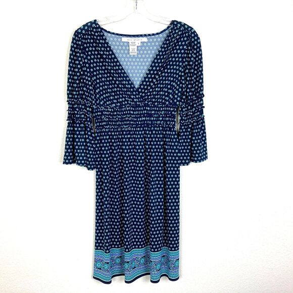 Max Studio Women's Fit & Flare Dress Size S Blue Green Smocked Waist Knee Length - Picture 1 of 8